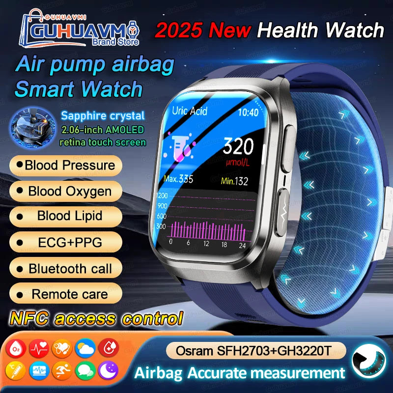 2026 New Air Pump Blood Pressure Accurate Measure Smart Watches Men Micro Physical Examination Fitness Sports Airbag SmartWatch