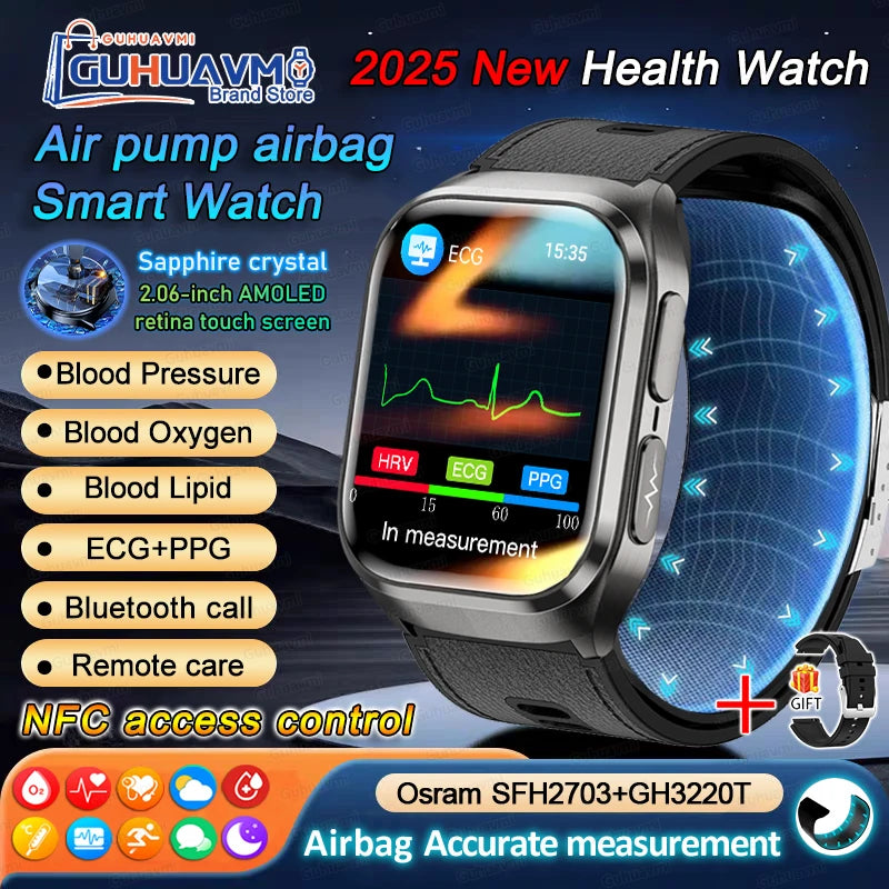 2026 New Air Pump Blood Pressure Accurate Measure Smart Watches Men Micro Physical Examination Fitness Sports Airbag SmartWatch