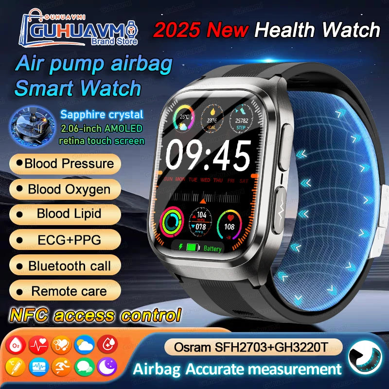2026 New Air Pump Blood Pressure Accurate Measure Smart Watches Men Micro Physical Examination Fitness Sports Airbag SmartWatch