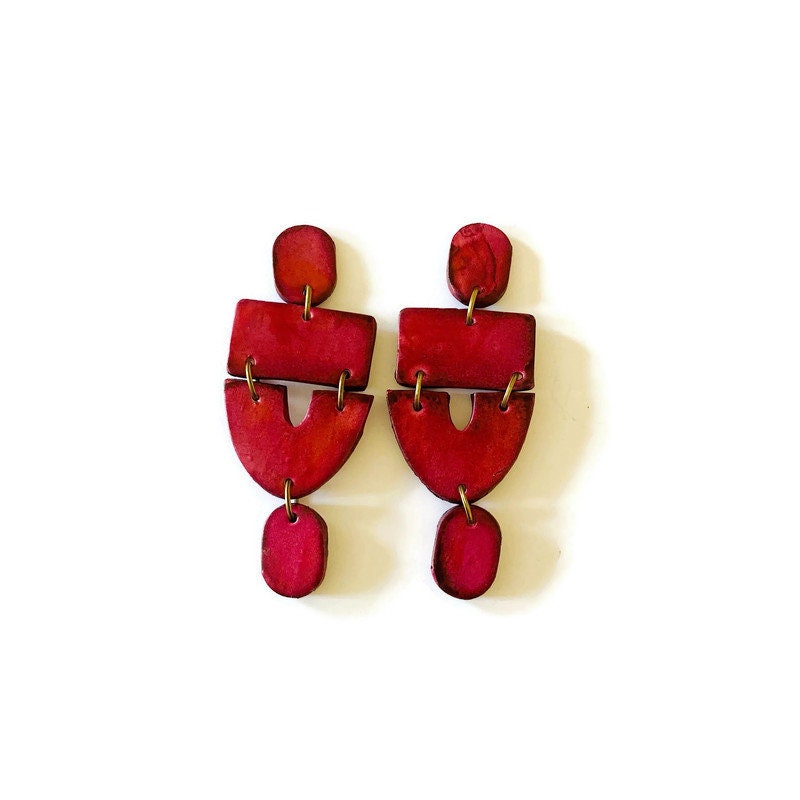 Long Maroon Statement Earrings Handmade Post or Clip- "Lee"